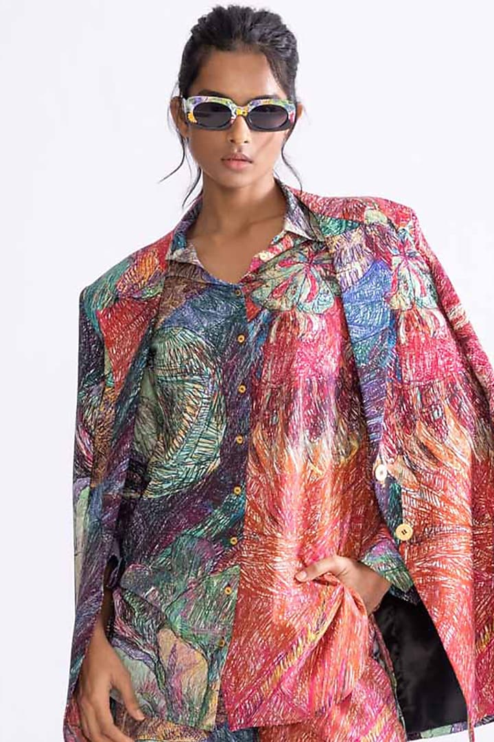 Multi-Colored Mushroom Twill Daisy Printed Blazer Set by Saaksha & Kinni at Pernia's Pop Up Shop