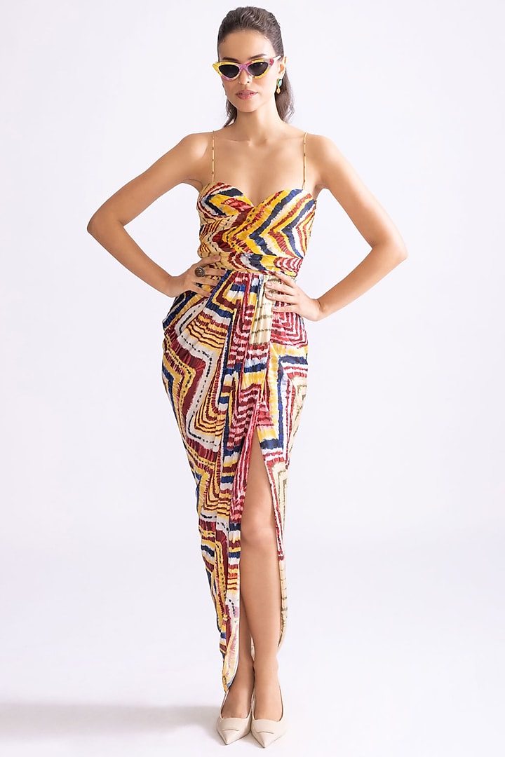 Multi-Colored Habutai Zig-Zag Printed Draped Dress by Saaksha & Kinni at Pernia's Pop Up Shop