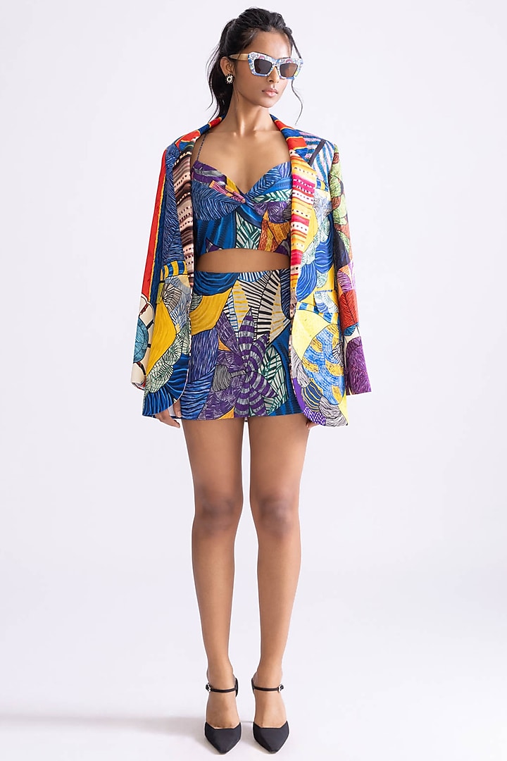 Multi-Colored Mushroom Twill Tribal Printed Blazer Set by Saaksha & Kinni at Pernia's Pop Up Shop