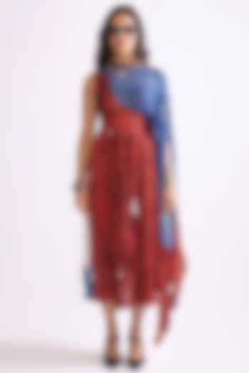 Red & Blue Florence Satin Wave Printed Hand Micro Pleated Dress by Saaksha & Kinni at Pernia's Pop Up Shop