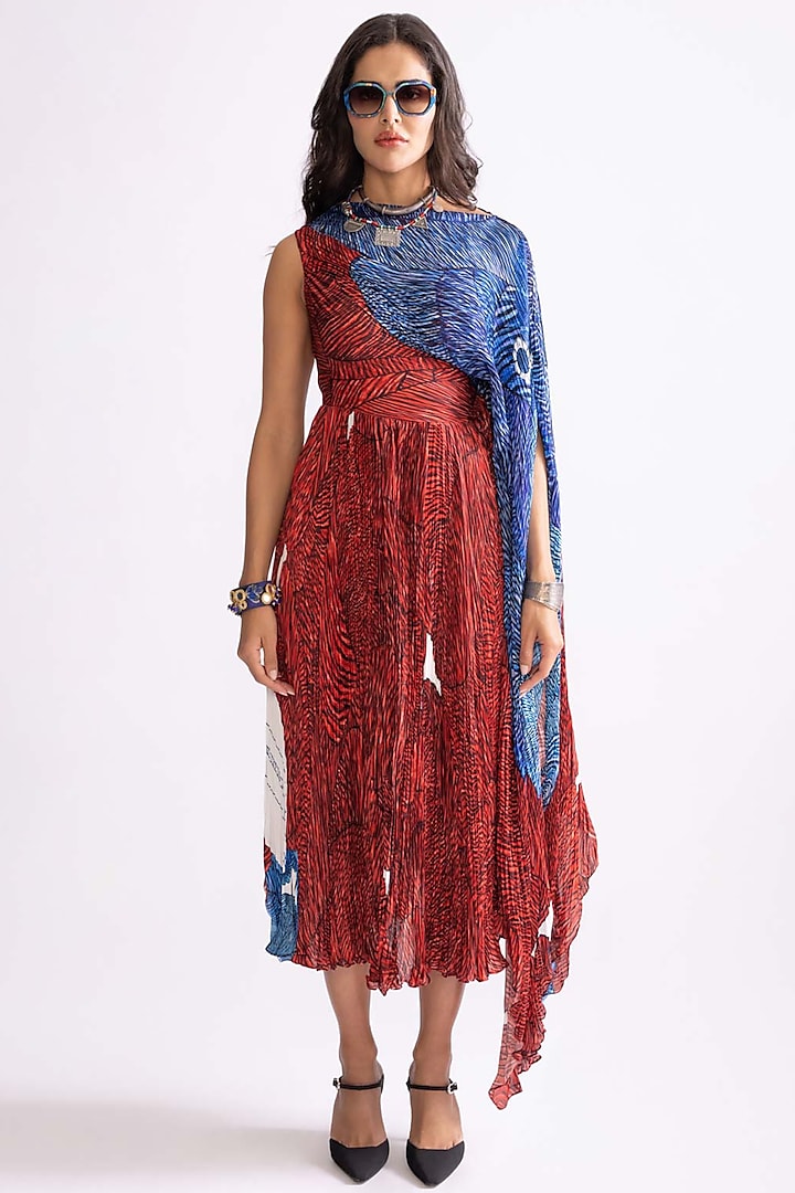 Red & Blue Florence Satin Wave Printed Hand Micro Pleated Dress by Saaksha & Kinni at Pernia's Pop Up Shop