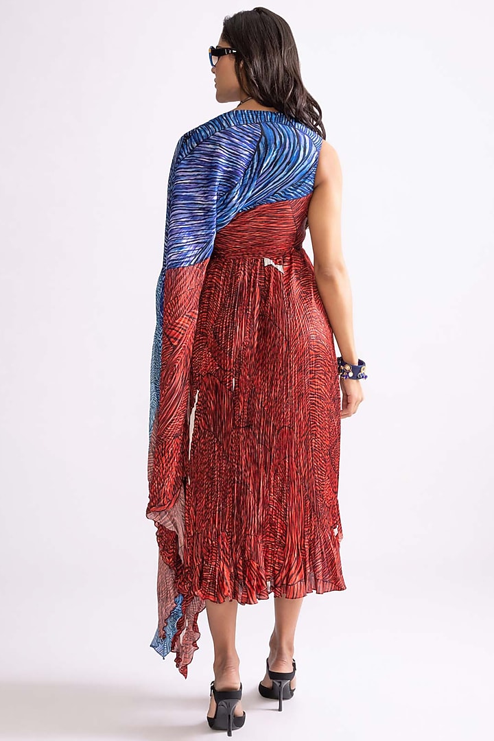 Red & Blue Florence Satin Wave Printed Hand Micro Pleated Vacation Dress by Saaksha & Kinni at Pernia's Pop Up Shop
