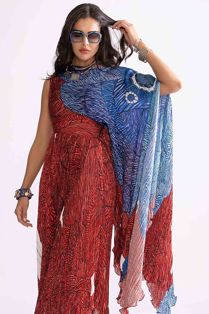 Red & Blue Florence Satin Wave Printed Hand Micro Pleated Vacation Dress by Saaksha & Kinni at Pernia's Pop Up Shop