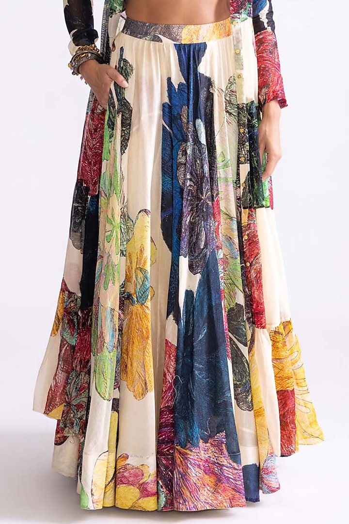 Multi-Colored Chanderi High-Waisted Daisy Printed Wedding Lehenga Set by Saaksha & Kinni at Pernia's Pop Up Shop
