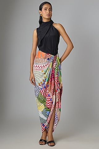 Black & Multi-Colored Crepe Dress by Saaksha & Kinni