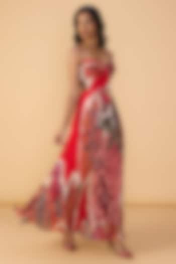 Raspberry Red Chiffon Abstract Printed Pleated Maxi Vacation Dress by Saaksha & Kinni at Pernia's Pop Up Shop