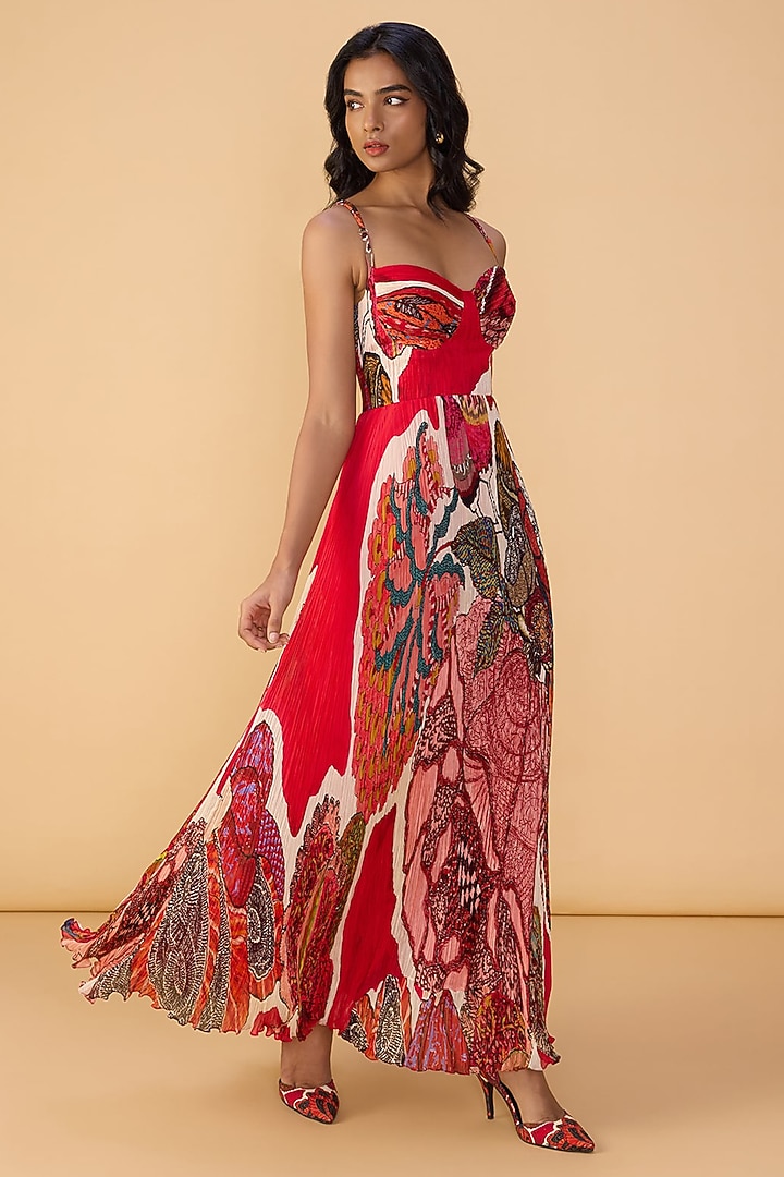 Raspberry Red Chiffon Abstract Printed Pleated Maxi Vacation Dress by Saaksha & Kinni at Pernia's Pop Up Shop