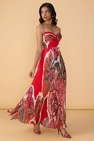 Raspberry Red Chiffon Abstract Printed Pleated Maxi Dress by Saaksha & Kinni