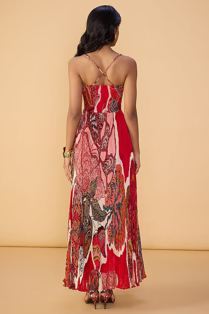 Raspberry Red Chiffon Abstract Printed Pleated Maxi Vacation Dress by Saaksha & Kinni at Pernia's Pop Up Shop