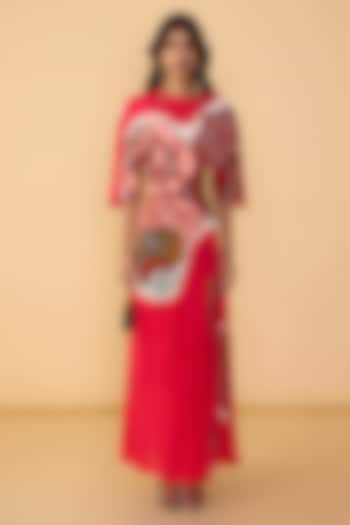 Raspberry Red Crepe Abstract Printed Kaftan Maxi Vacation Dress by Saaksha & Kinni at Pernia's Pop Up Shop