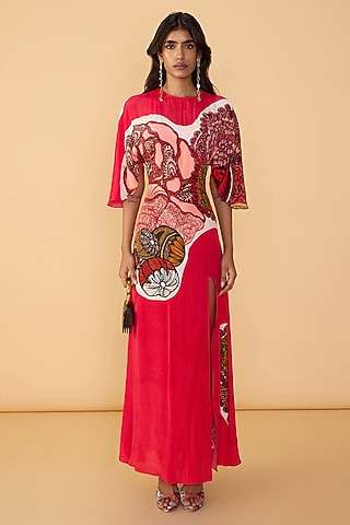 Raspberry Red Crepe Abstract Printed Kaftan Maxi Dress by Saaksha & Kinni