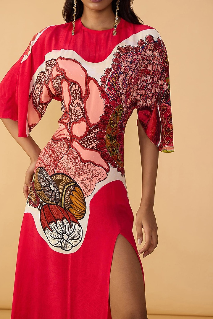 Raspberry Red Crepe Abstract Printed Kaftan Maxi Vacation Dress by Saaksha & Kinni at Pernia's Pop Up Shop