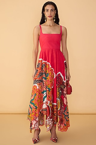 Raspberry Red Cambric Abstract Printed Midi Dress by Saaksha & Kinni