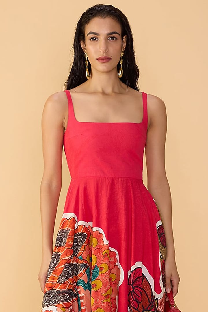 Raspberry Red Cambric Abstract Printed Midi Vacation Dress by Saaksha & Kinni at Pernia's Pop Up Shop