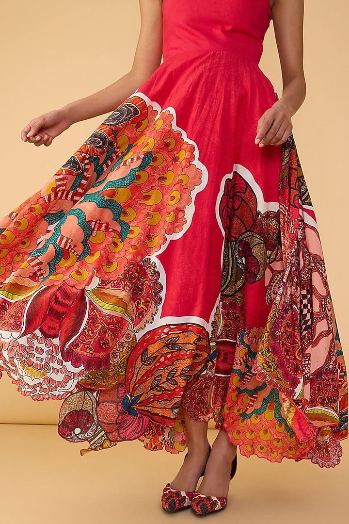 Raspberry Red Cambric Abstract Printed Midi Vacation Dress by Saaksha & Kinni at Pernia's Pop Up Shop