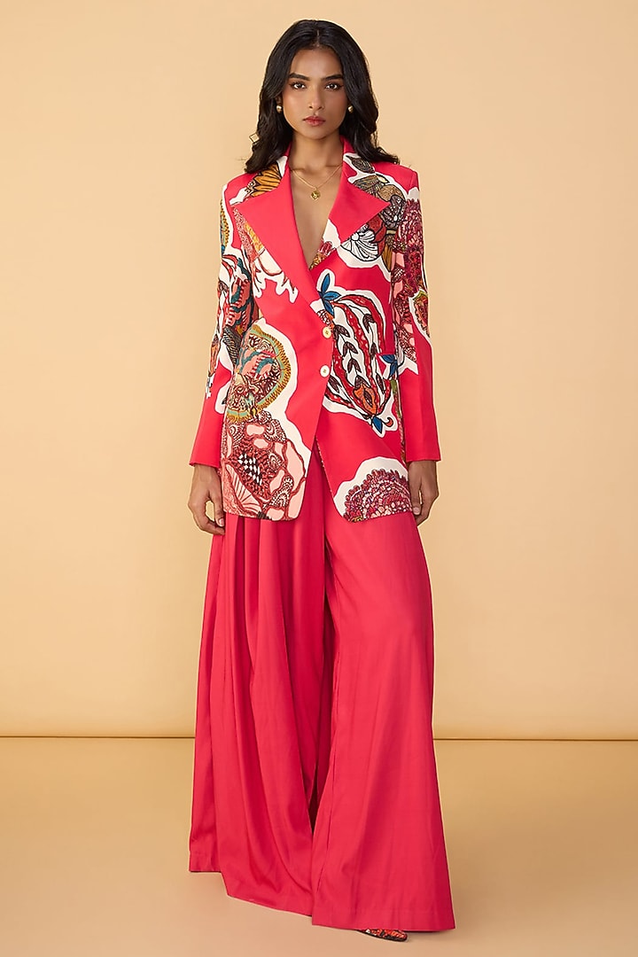Raspberry Red Crepe Abstract Printed Blazer Set by Saaksha & Kinni at Pernia's Pop Up Shop