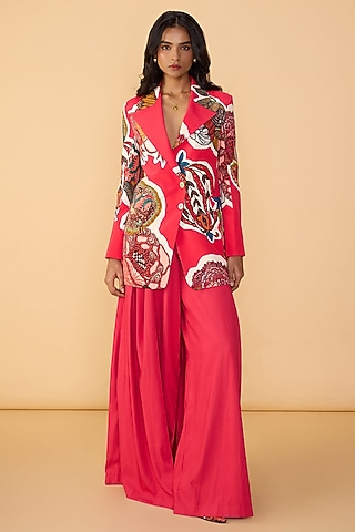Raspberry Red Crepe Abstract Printed Blazer Set by Saaksha & Kinni
