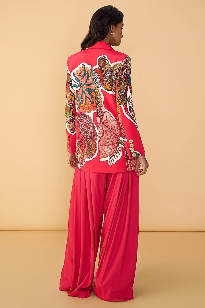 Raspberry Red Crepe Abstract Printed Blazer Set by Saaksha & Kinni at Pernia's Pop Up Shop