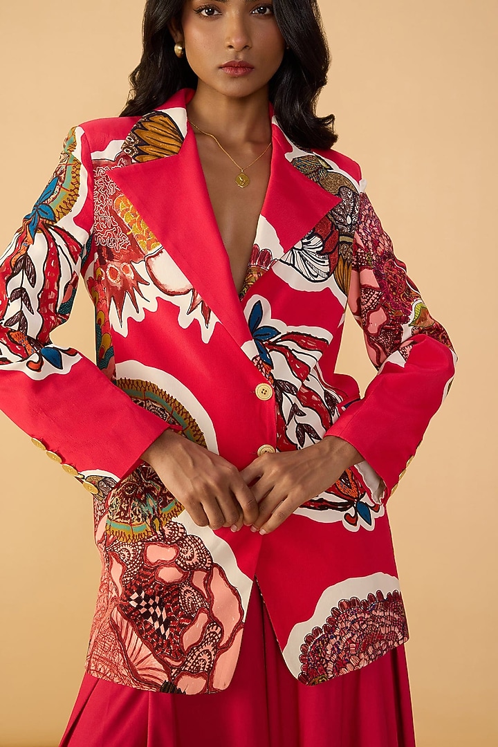 Raspberry Red Crepe Abstract Printed Blazer Set by Saaksha & Kinni at Pernia's Pop Up Shop