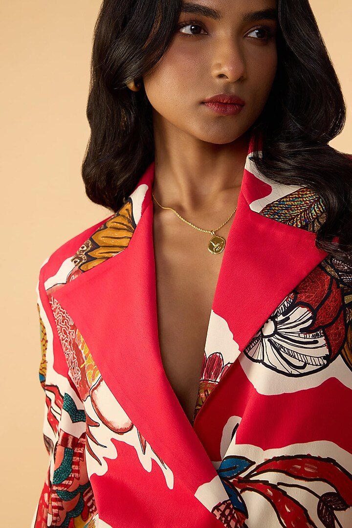 Raspberry Red Crepe Abstract Printed Blazer Set by Saaksha & Kinni at Pernia's Pop Up Shop