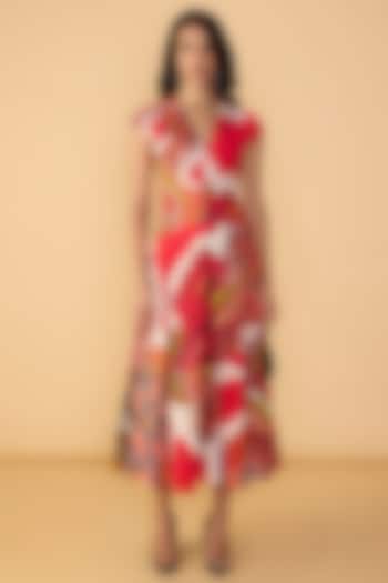 Raspberry Red Cambric Abstract Printed Midi Vacation Dress by Saaksha & Kinni at Pernia's Pop Up Shop