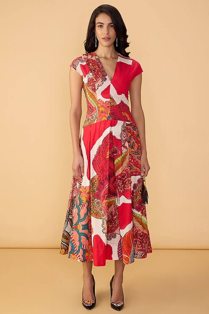 Raspberry Red Cambric Abstract Printed Midi Vacation Dress by Saaksha & Kinni at Pernia's Pop Up Shop