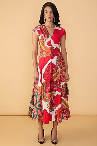 Raspberry Red Cambric Abstract Printed Midi Dress by Saaksha & Kinni