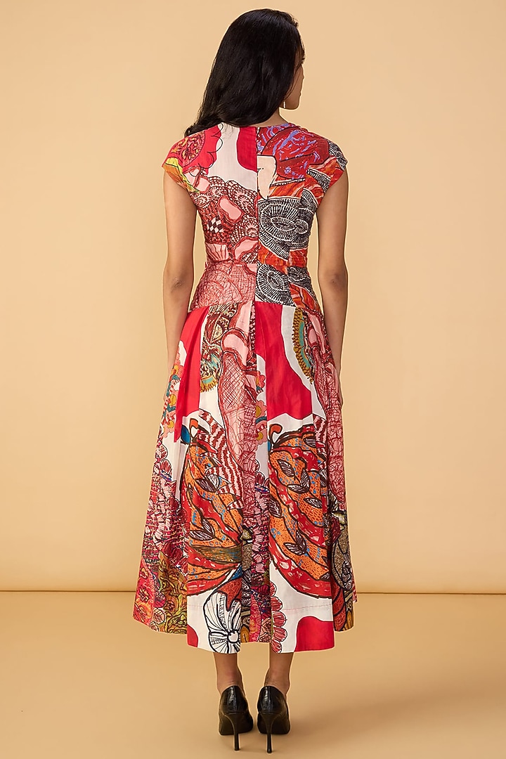 Raspberry Red Cambric Abstract Printed Midi Vacation Dress by Saaksha & Kinni at Pernia's Pop Up Shop
