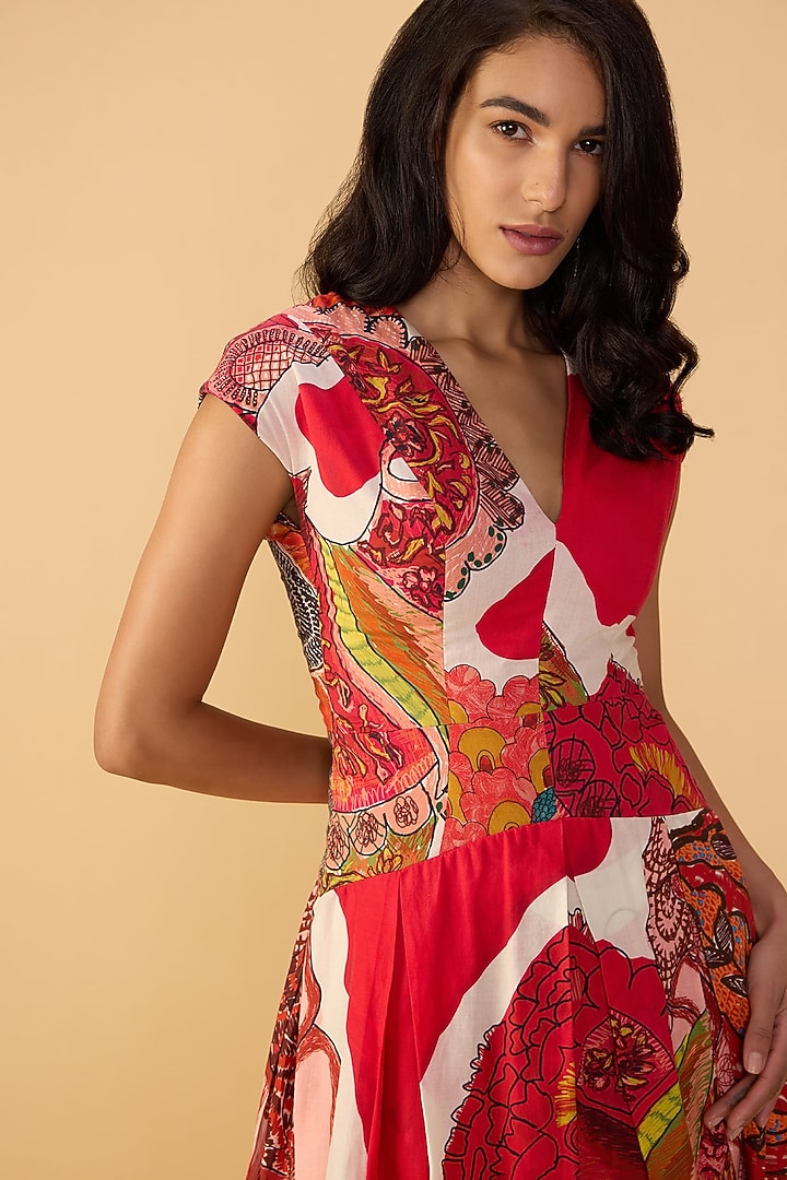 Raspberry Red Cambric Abstract Printed Midi Vacation Dress by Saaksha & Kinni at Pernia's Pop Up Shop