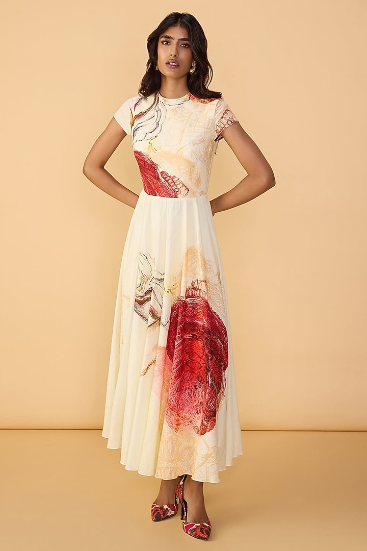 Multi-Colored Cambric Abstract Printed Pleated Maxi Vacation Dress by Saaksha & Kinni at Pernia's Pop Up Shop