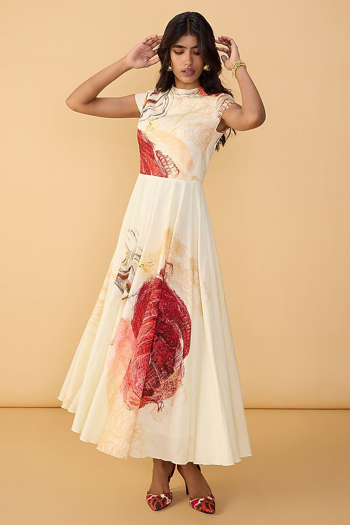 Multi-Colored Cambric Abstract Printed Pleated Maxi Vacation Dress by Saaksha & Kinni at Pernia's Pop Up Shop