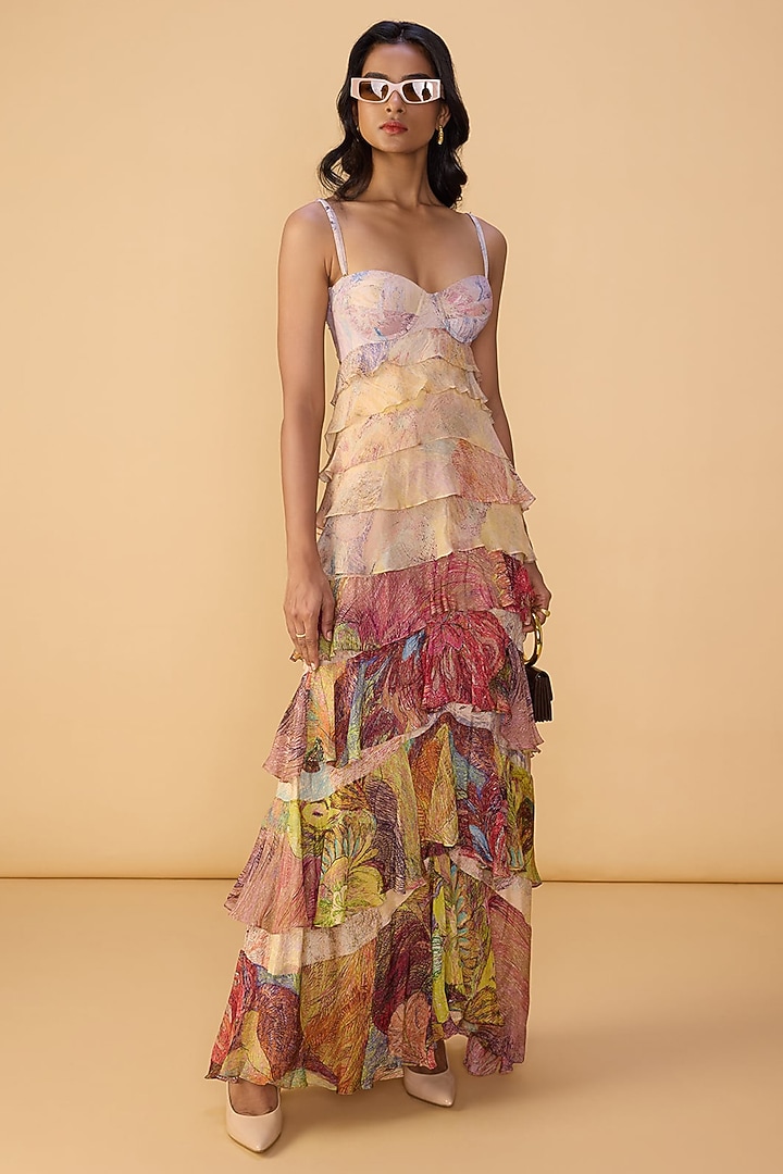 Multi-Colored Habutai Floral Printed Tiered Maxi Cocktail Dress by Saaksha & Kinni at Pernia's Pop Up Shop