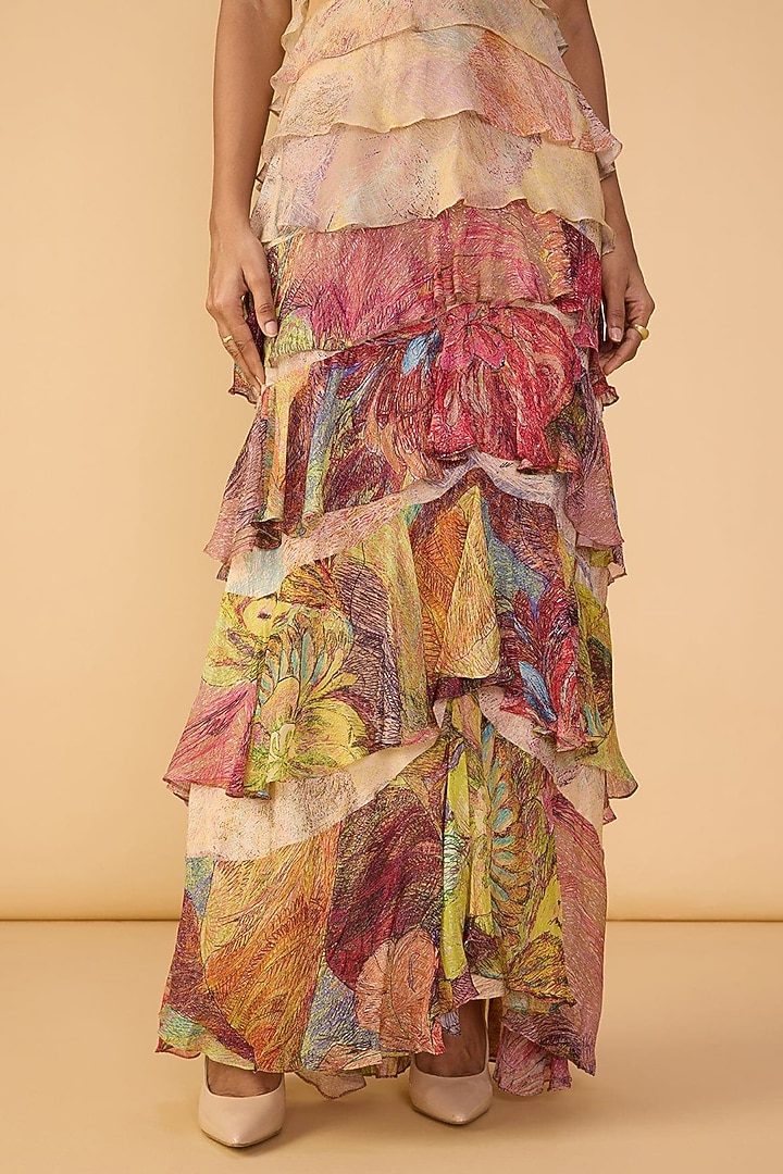 Multi-Colored Habutai Floral Printed Tiered Maxi Cocktail Dress by Saaksha & Kinni at Pernia's Pop Up Shop