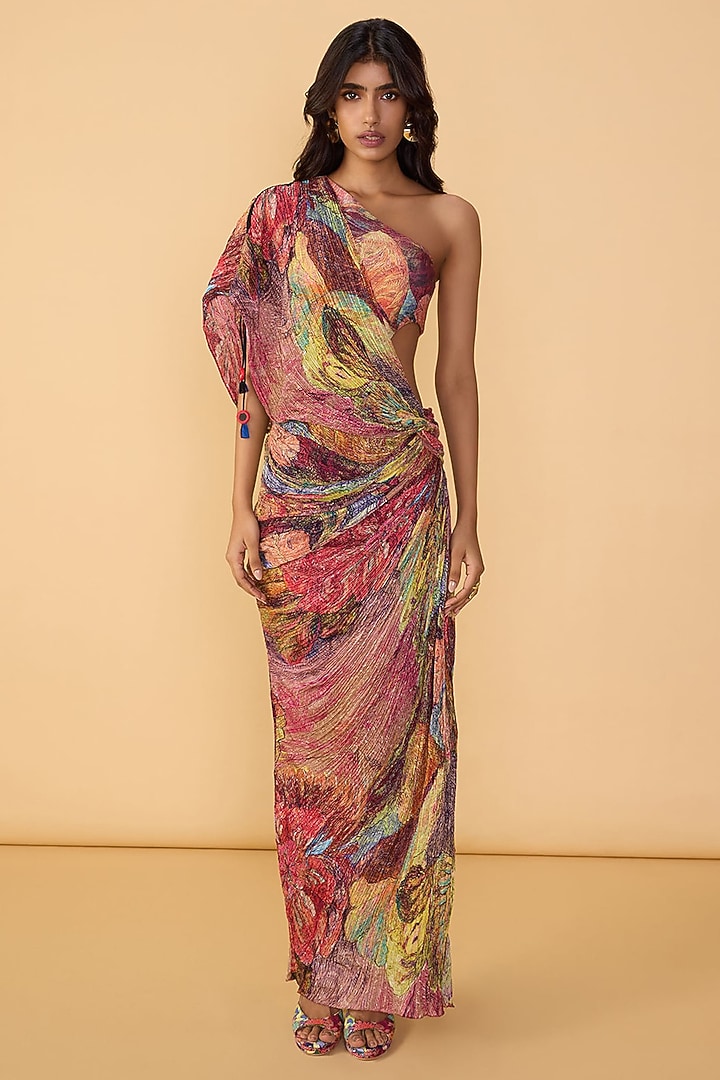 Multi-Colored Cotton Silk Abstract Printed One-Shoulder Cocktail Dress by Saaksha & Kinni at Pernia's Pop Up Shop