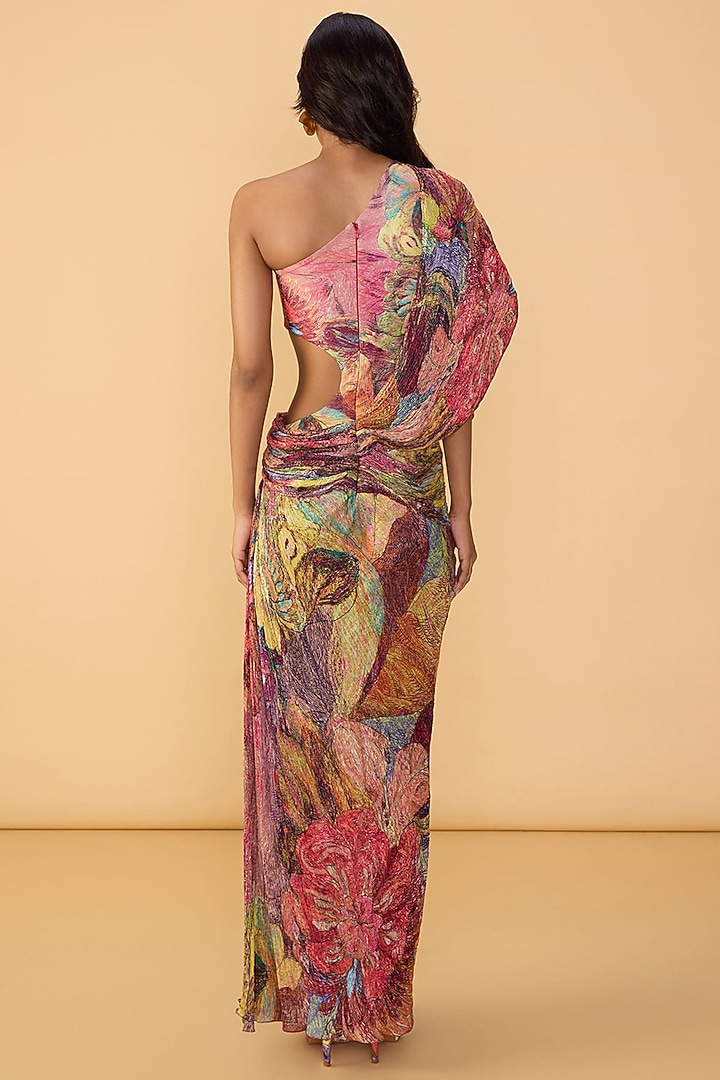 Multi-Colored Cotton Silk Abstract Printed One-Shoulder Cocktail Dress by Saaksha & Kinni at Pernia's Pop Up Shop