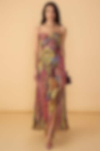 Multi-Colored Chiffon Abstract Floral Printed Strapless Maxi Cocktail Dress by Saaksha & Kinni at Pernia's Pop Up Shop