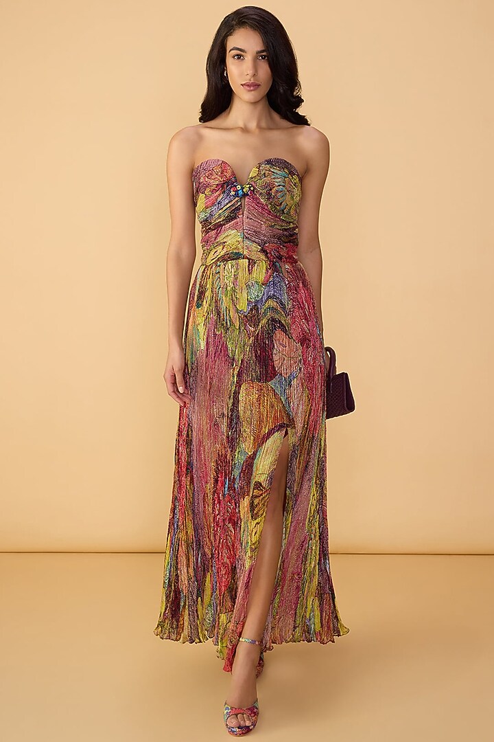 Multi-Colored Chiffon Abstract Floral Printed Strapless Maxi Cocktail Dress by Saaksha & Kinni at Pernia's Pop Up Shop