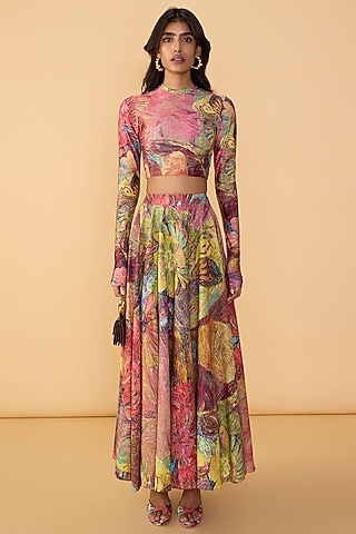 Multi-Colored Cambric Abstract Printed Maxi Skirt Set by Saaksha & Kinni