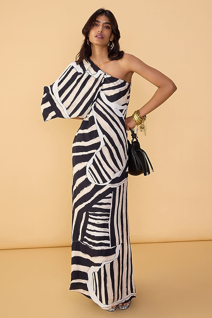 Black & White Crepe Abstract Printed One-Shoulder Vacation Dress by Saaksha & Kinni at Pernia's Pop Up Shop