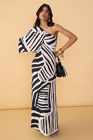 Black & White Crepe Abstract Printed One-Shoulder Dress by Saaksha & Kinni