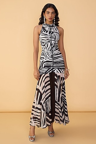 Black & White Chiffon Abstract Printed Maxi Dress by Saaksha & Kinni