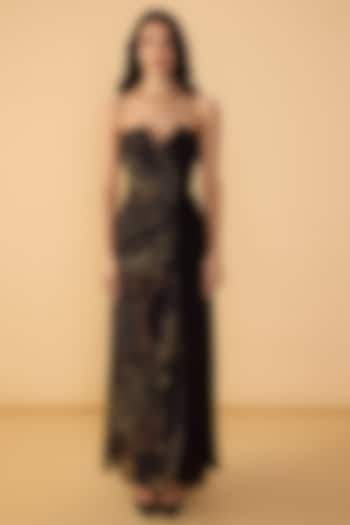 Black Chiffon Abstract Stripe Printed Strapless Maxi Cocktail Dress by Saaksha & Kinni at Pernia's Pop Up Shop