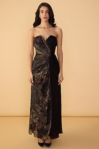 Black Chiffon Abstract Stripe Printed Strapless Maxi Dress by Saaksha & Kinni