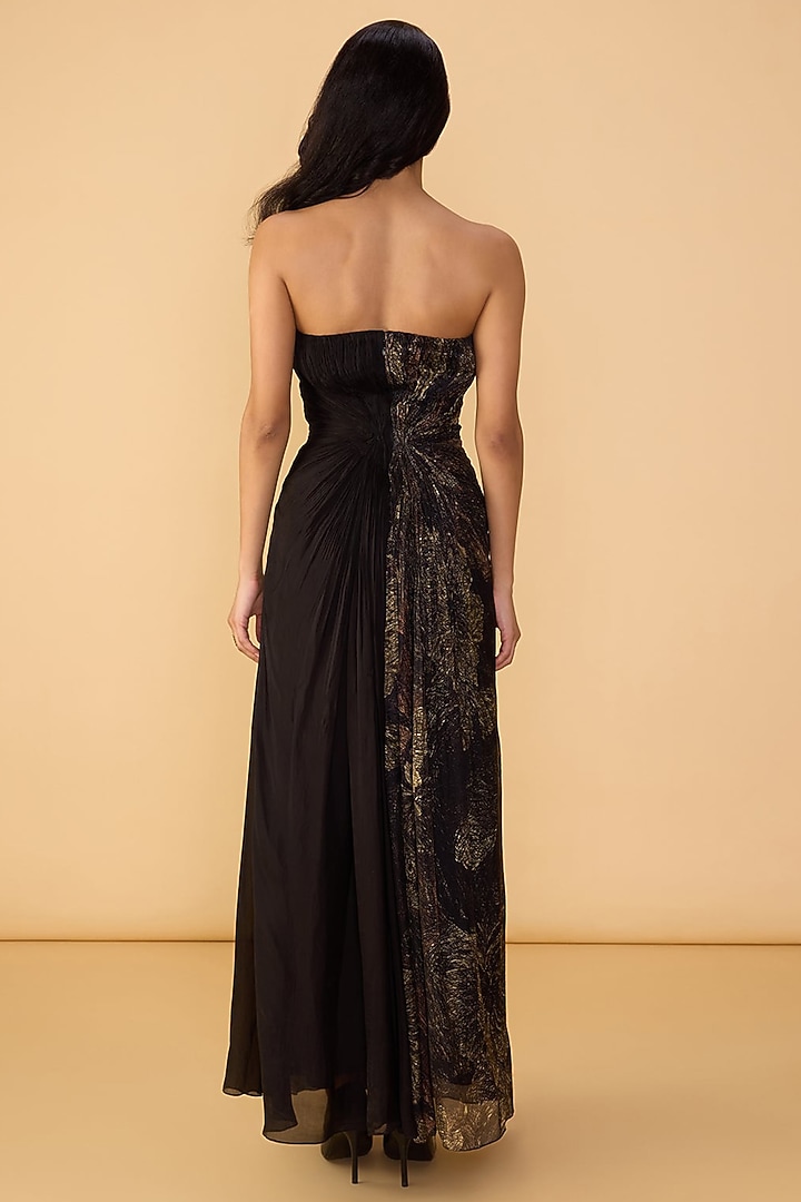 Black Chiffon Abstract Stripe Printed Strapless Maxi Cocktail Dress by Saaksha & Kinni at Pernia's Pop Up Shop