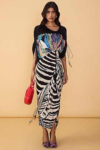 Black & White Cotton Silk Abstract Printed Kaftan-Style Dress by Saaksha & Kinni