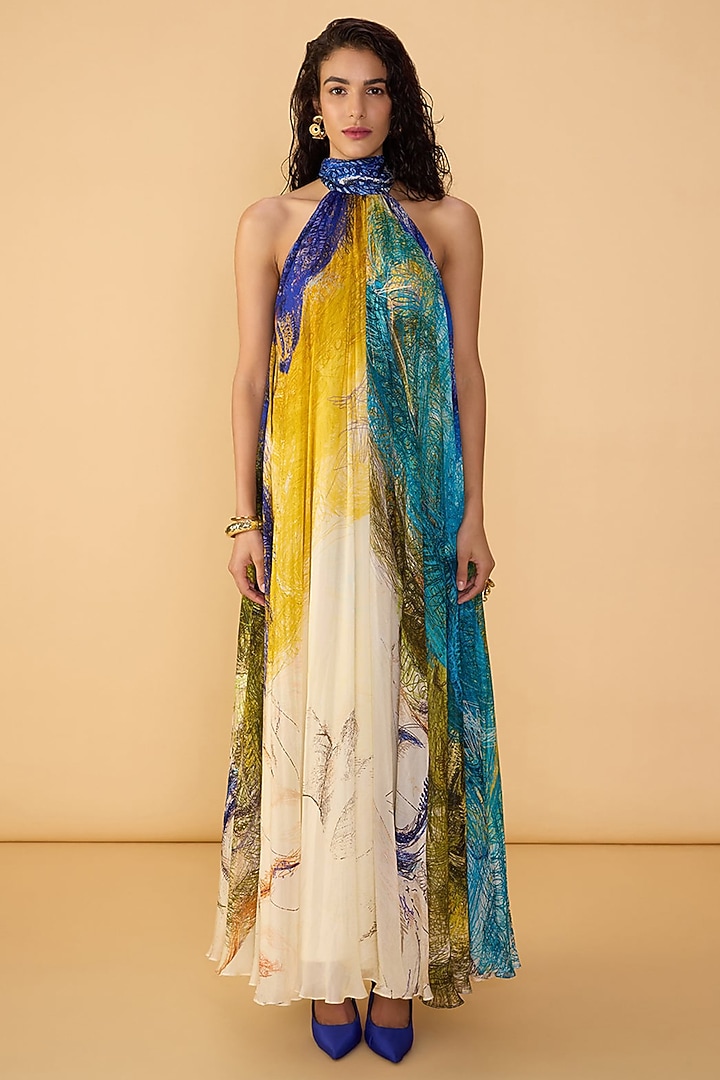 Multi-Colored Chiffon Abstract Printed Halter Maxi Vacation Dress by Saaksha & Kinni at Pernia's Pop Up Shop