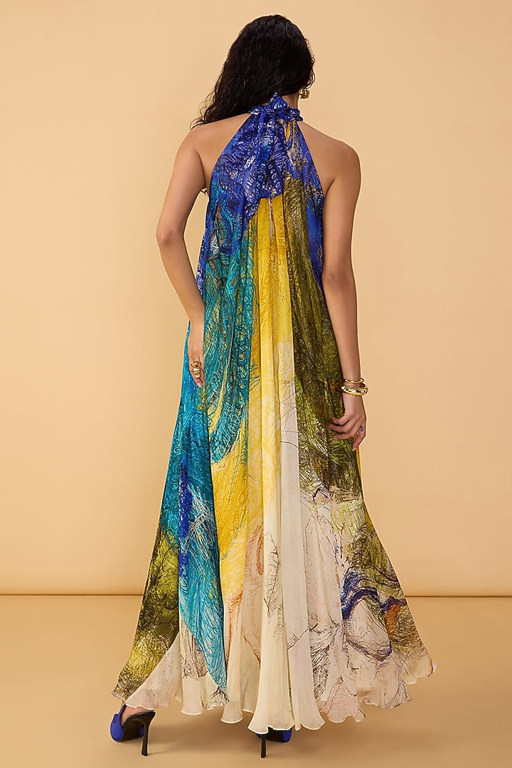 Multi-Colored Chiffon Abstract Printed Halter Maxi Vacation Dress by Saaksha & Kinni at Pernia's Pop Up Shop