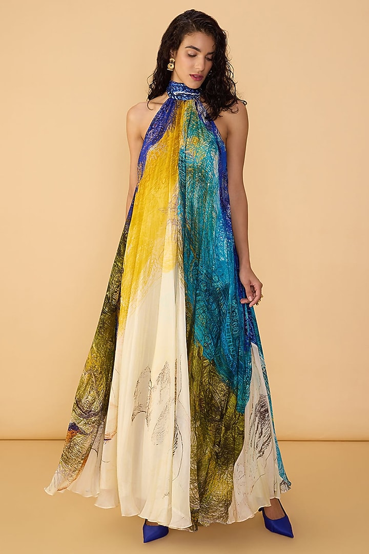 Multi-Colored Chiffon Abstract Printed Halter Maxi Vacation Dress by Saaksha & Kinni at Pernia's Pop Up Shop