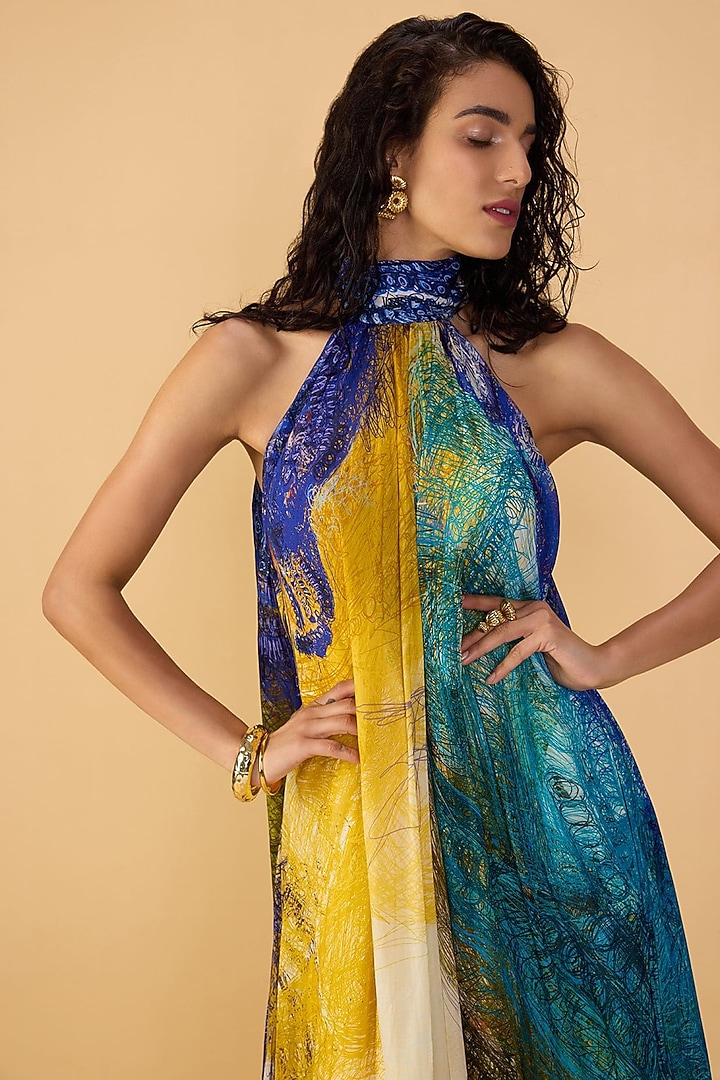 Multi-Colored Chiffon Abstract Printed Halter Maxi Vacation Dress by Saaksha & Kinni at Pernia's Pop Up Shop