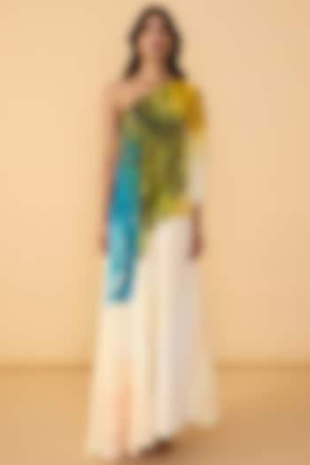Multi-Colored Crepe Abstract Scribble Printed One-Shoulder Maxi Vacation Dress by Saaksha & Kinni at Pernia's Pop Up Shop